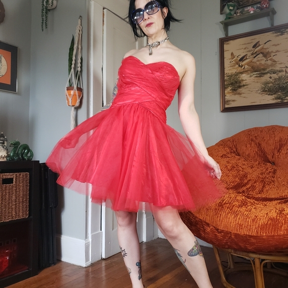 SOLD 80s Vintage Red Tulle Minidress Medium Sheer 1980s Prom Party Mini Dress - Picture 15 of 15